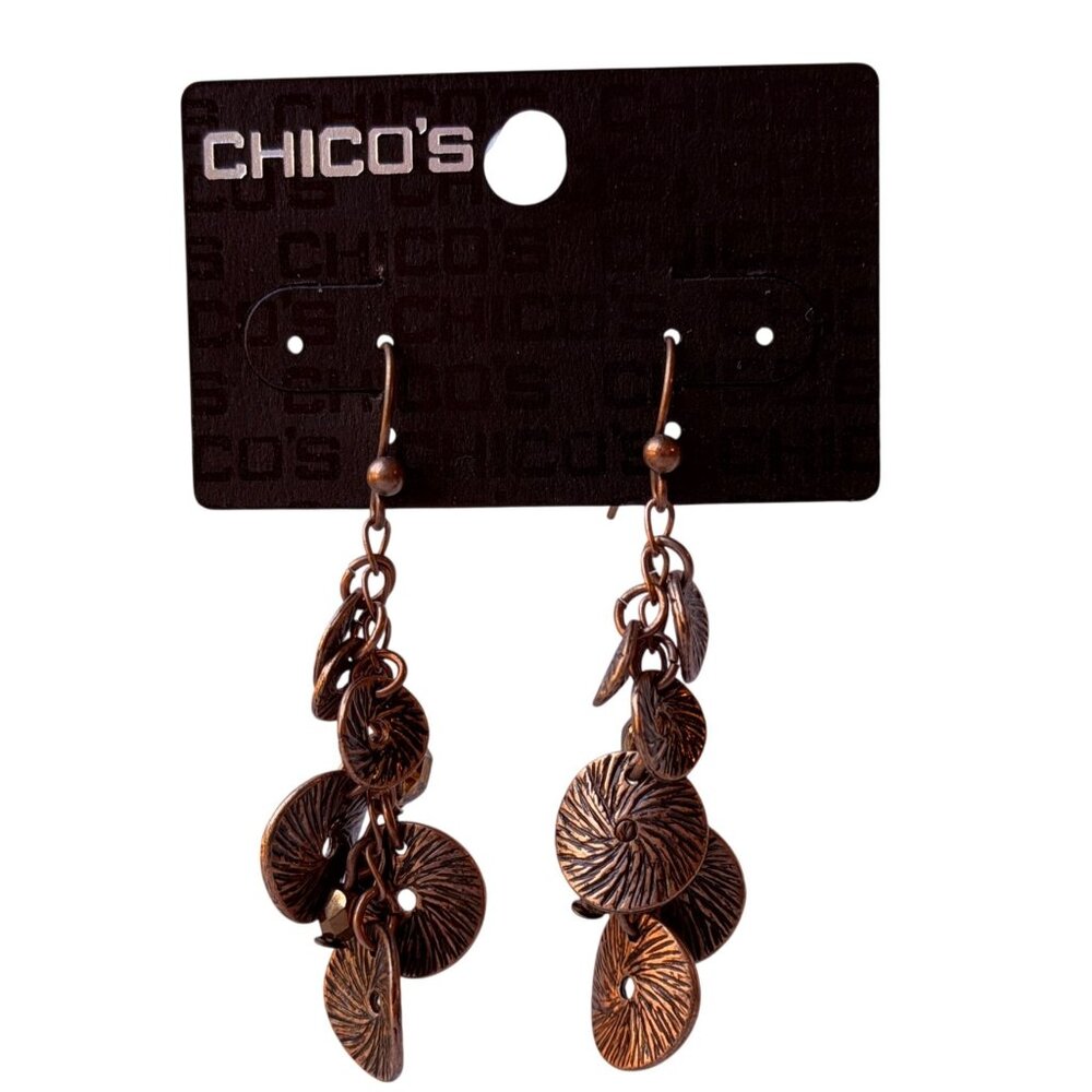 Vintage 1990s Chico’s Copper Medallion Cluster Dangle Earrings‎ Amber Beads NOS